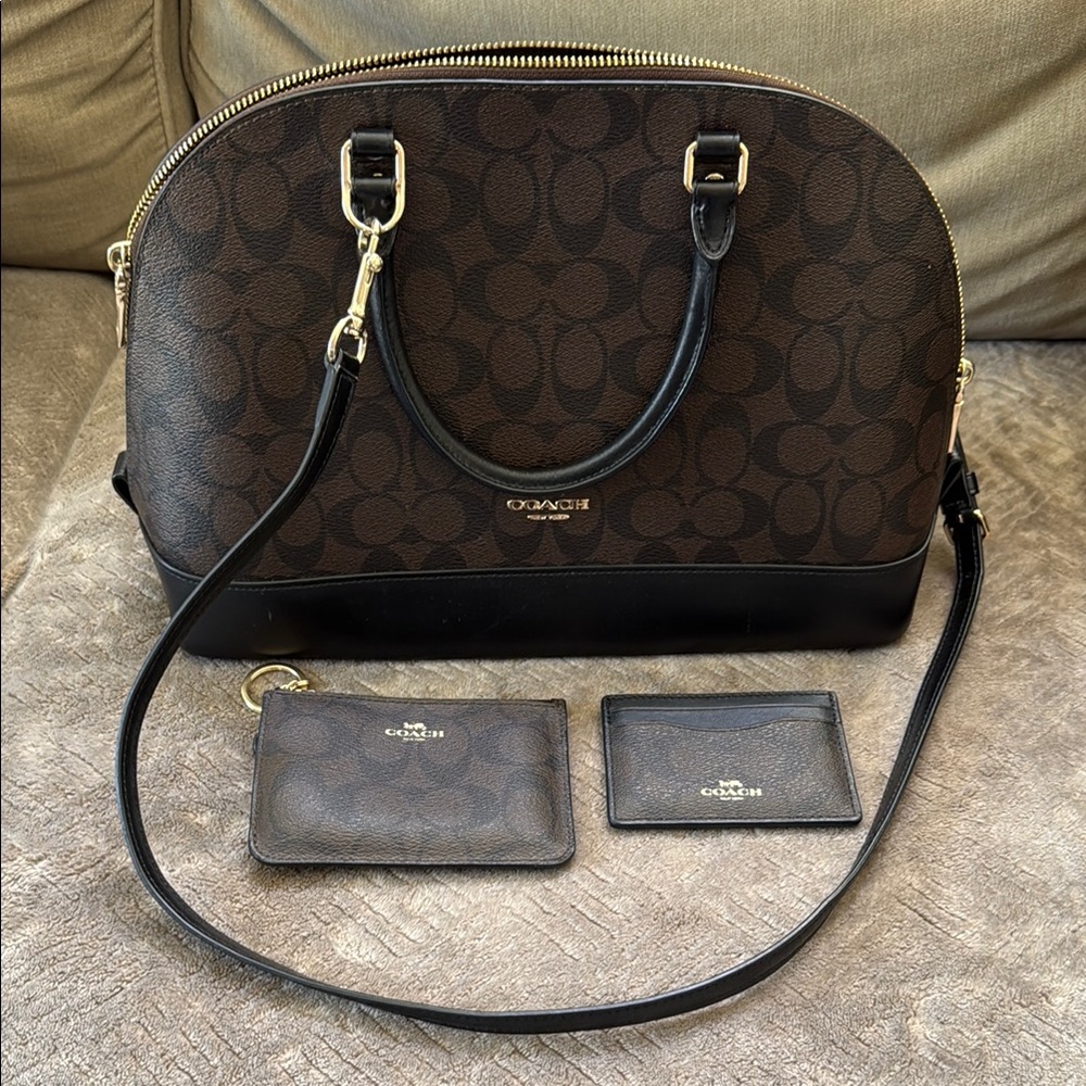 Coach Brown and Black Signature Handbag Set